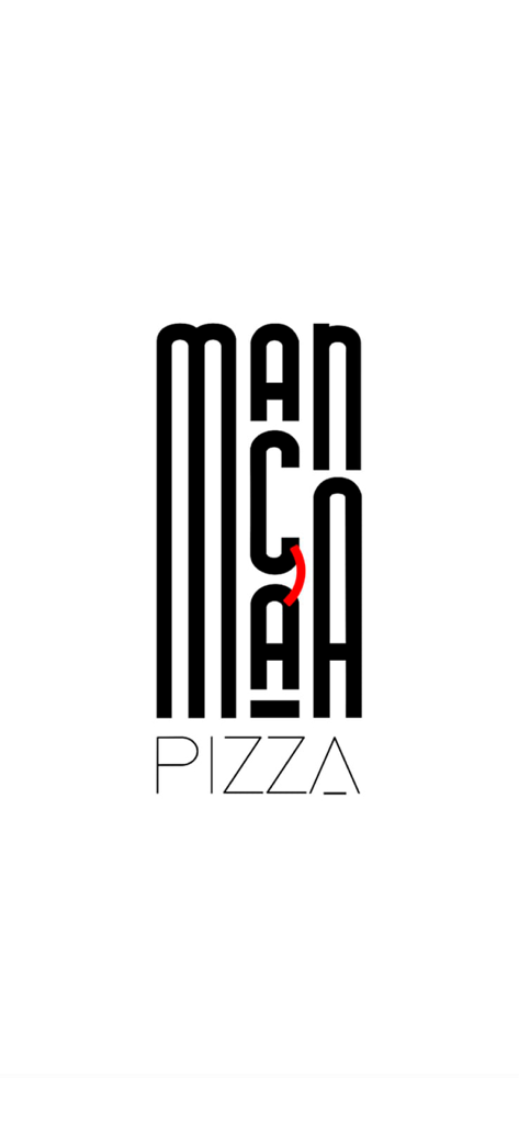 Minimalist splash screen with a vertical black Macana Pizza logo and a red accent on a clean white background.