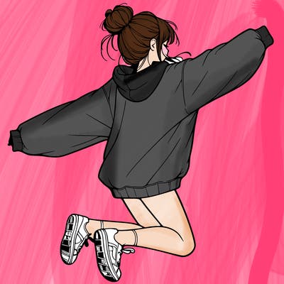 realistic girl jumping with a bun and oversized sweatshirt