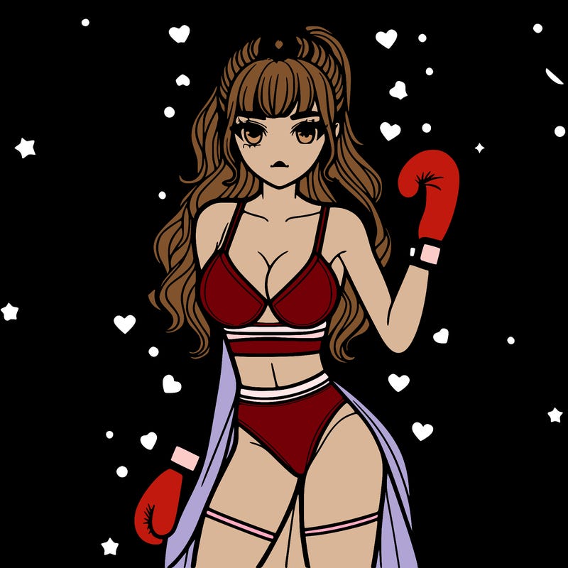 a beautiful girl in boxing clothes is in the center of the picture, with scattered and small pictures of boxing sports supplies.