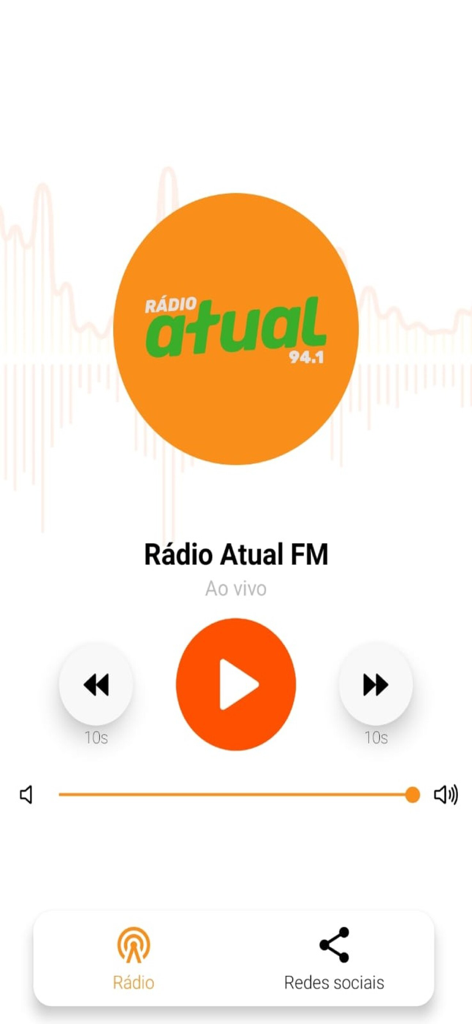 Rádio Atual 94.1 - Interface do player ao vivo do aplicativo Rádio Atual 94.1 com botão de play e controle de volume