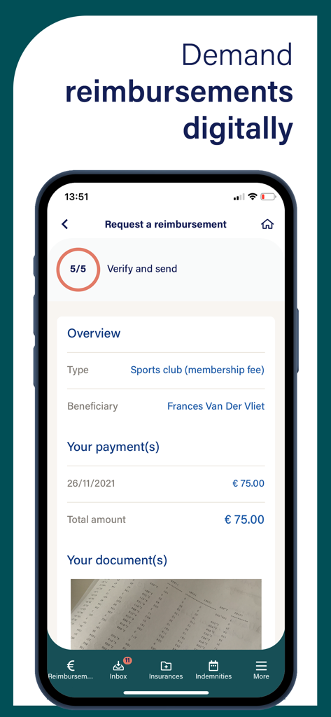 A mobile screen from the My Helan app showing the final step to verify and send a digital reimbursement request for a sports club membership.