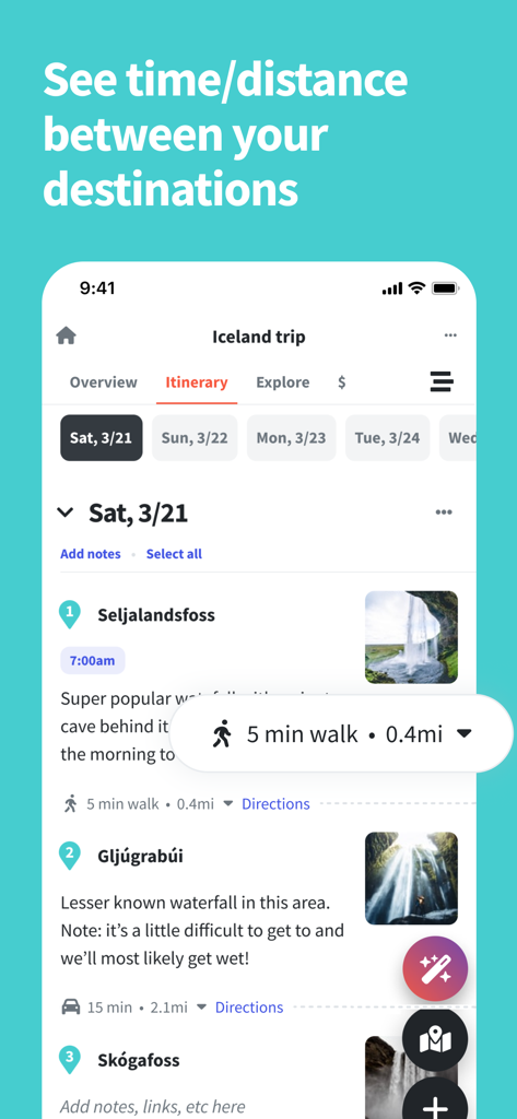Wanderlog - Travel Planner - Interfaccia dell'app Wanderlog travel planner che mostra un itinerario di viaggio in Islanda con tempi di percorrenza stimati e distanze tra le destinazioni