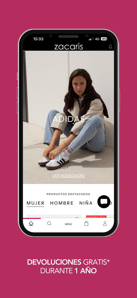 Interfaz de la app de compras de zapatos Zacaris con una modelo vistiendo zapatillas Adidas y categorías de navegación.