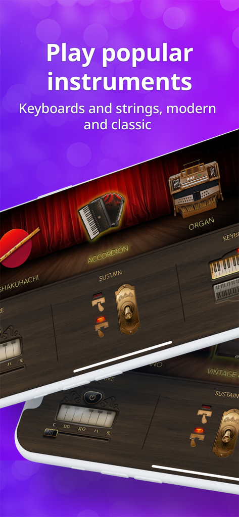 Piano Keyboard app interface showing a variety of popular musical instruments to play