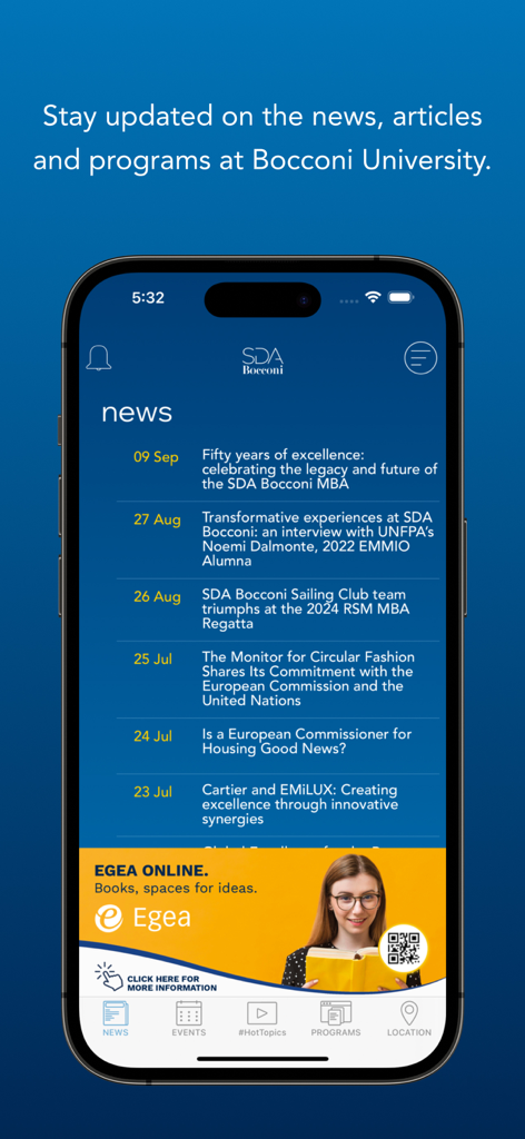 SDA Bocconi mobile app interface showing the latest university news and articles list