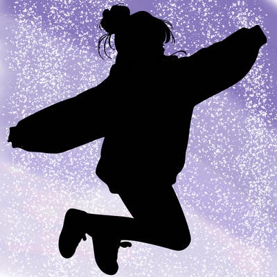 realistic girl jumping with a bun and oversized sweatshirt