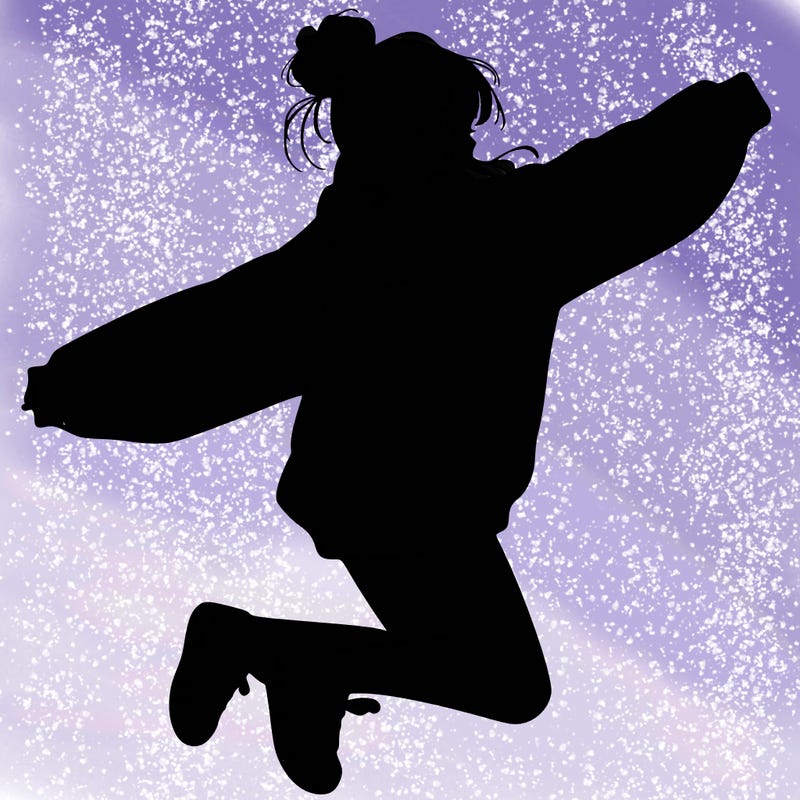 realistic girl jumping with a bun and oversized sweatshirt