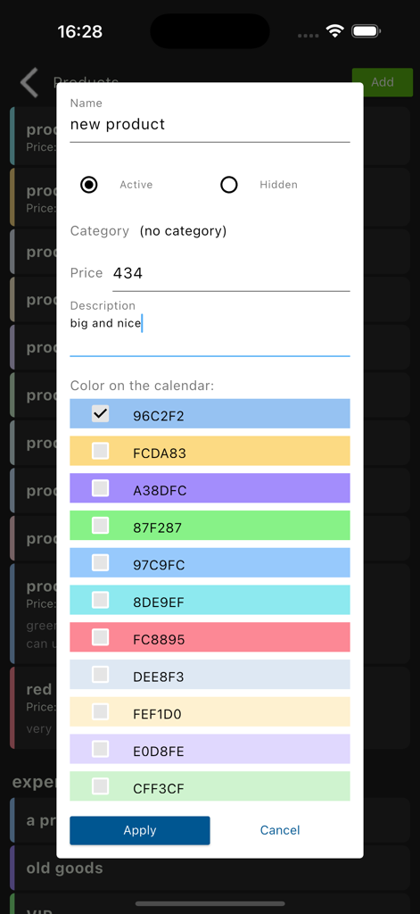 Interface para criar um novo produto de aluguel mostrando campos de preço e opções de cores para o calendário.
