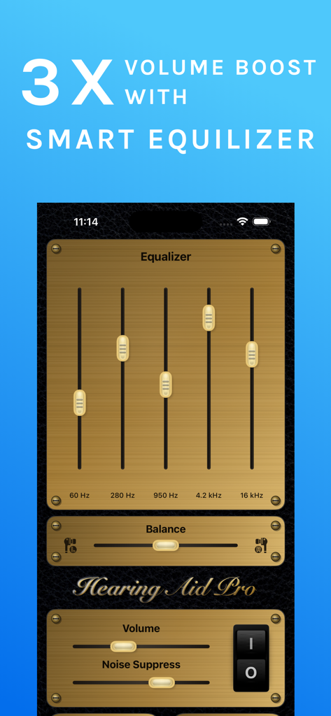 Hearing Aid: Sound Amplifier - Interface do aplicativo de aparelho auditivo mostrando um equalizador inteligente com tema dourado com controles deslizantes de frequência para aumento de volume e configurações de supressão de ruído