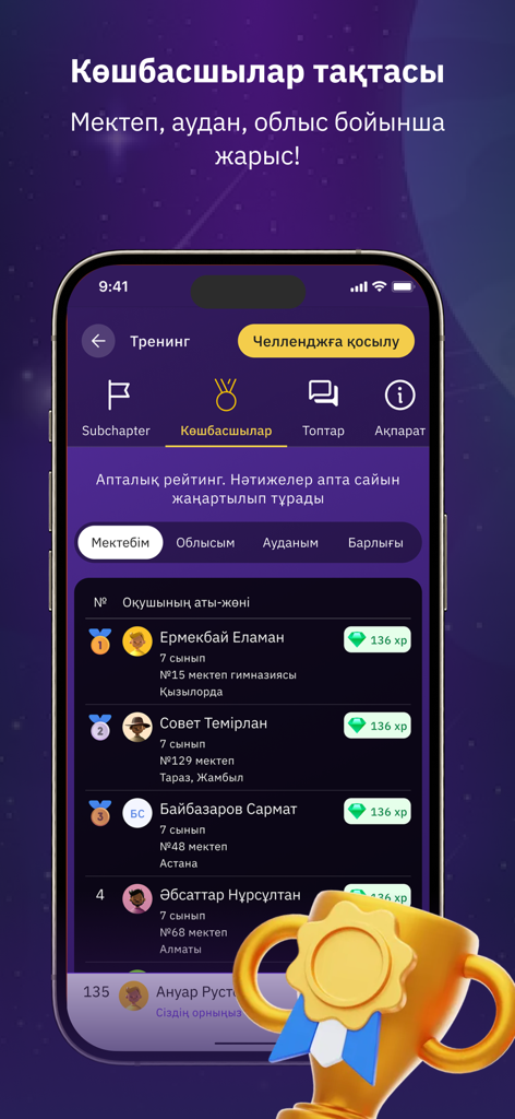 Zerdeli App - Leaderboard screen of the Zerdeli App showing student rankings by region with XP points and a gold trophy icon