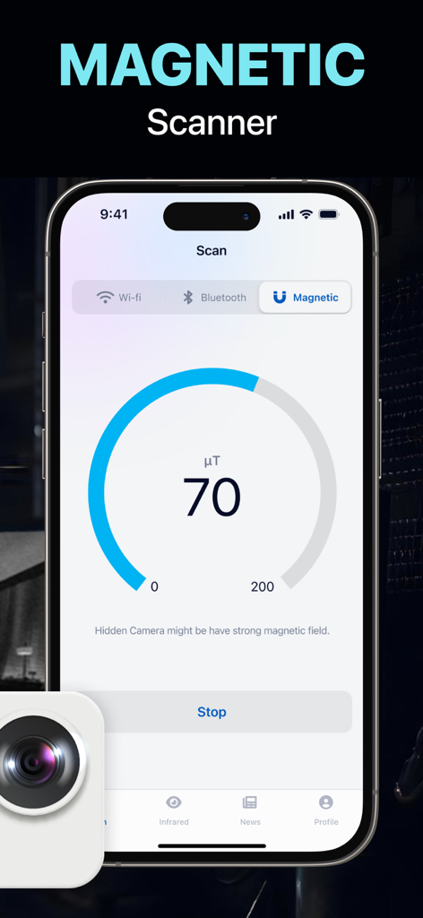 Hidden Camera Detector FindSpy - Interface of the Hidden Camera Detector FindSpy app showing the magnetic field scanner feature with a signal reading