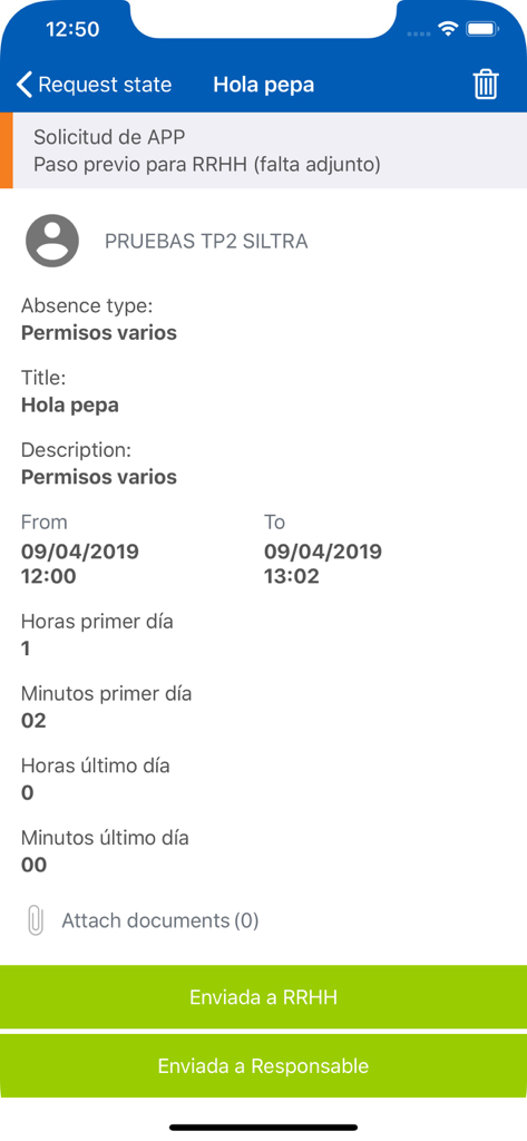Mobile App-Oberfläche, die Details einer Abwesenheitsanfrage der Belegschaft mit Daten, Zeiten und Einreichungsstatus für die Personal- und Geschäftsleitung anzeigt