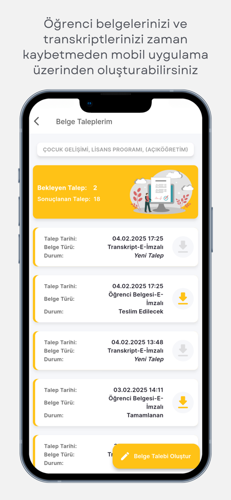 AUZEF mobile app interface for requesting student documents and transcripts