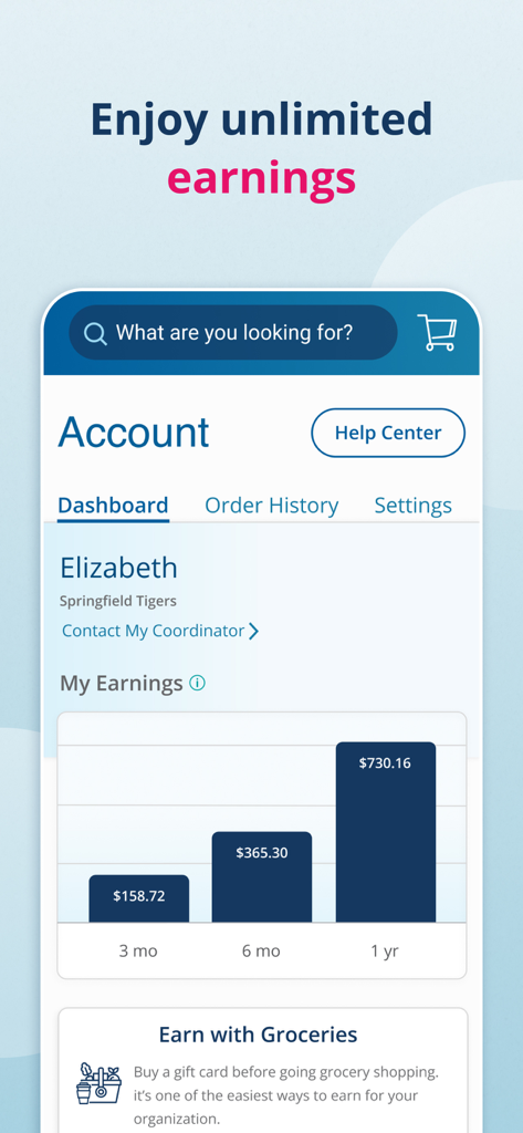 RaiseRight Fundraising - RaiseRight app dashboard showing a bar chart of fundraising earnings over one year for a school sports team