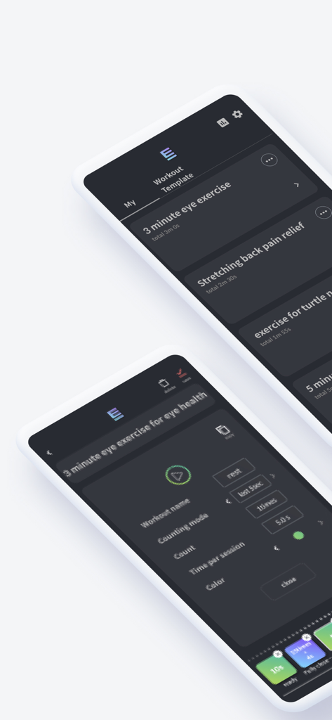 Two smartphone screens displaying workout templates and customization settings in the Smart Workout Counter app