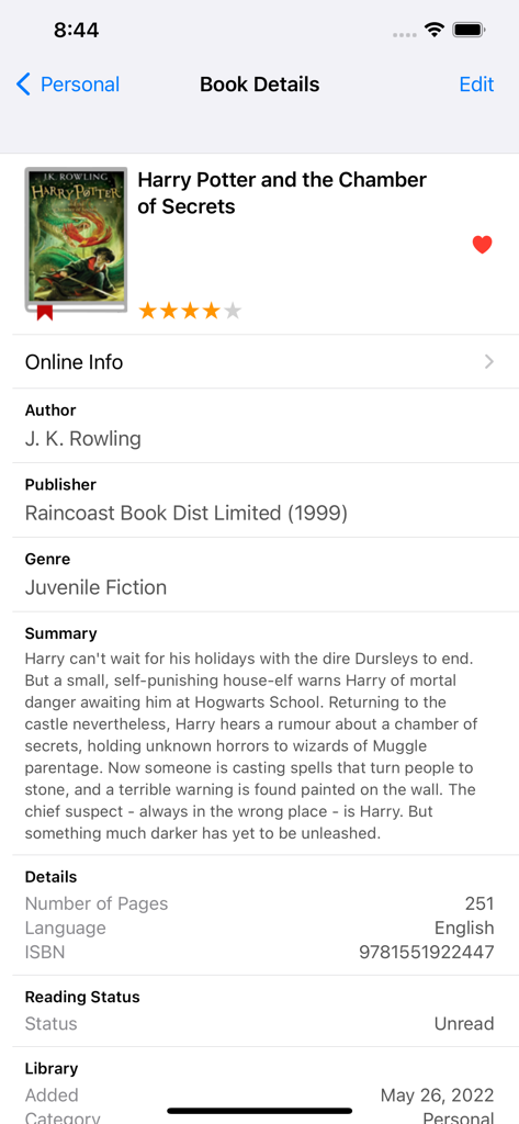 Screenshot of the book details page in BookBuddy Pro showing information for Harry Potter and the Chamber of Secrets