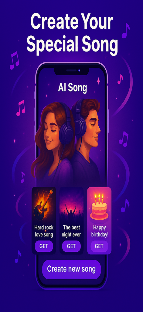 AI Music Generator: Lyric - Interface do aplicativo móvel mostrando opções para criar músicas de IA personalizadas para aniversários, canções de amor e eventos especiais.