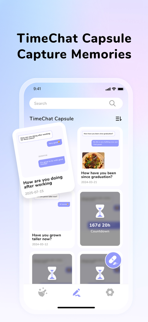 CleanEasy: Memory Manage - Screenshot of CleanEasy app showing the TimeChat Capsule interface with personalized memory cards and countdown timers for future messages