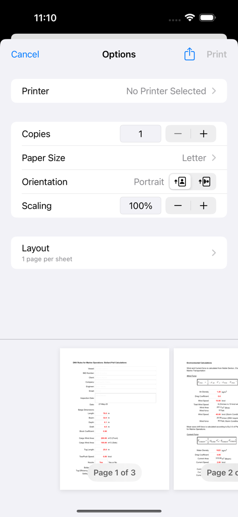 Tug kW Power - Opzioni di stampa e anteprima del report PDF per calcoli di tiro al pagliolo marittimo