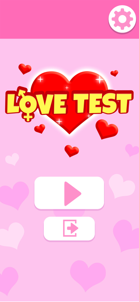 Love Test match calculator app home screen with red heart and play button