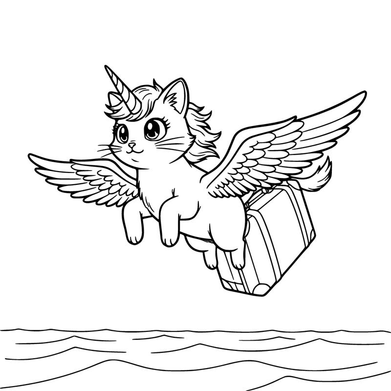 a unicorn cat flies through the sky above the water, and next to it flies a suitcase with wings. super detailed.