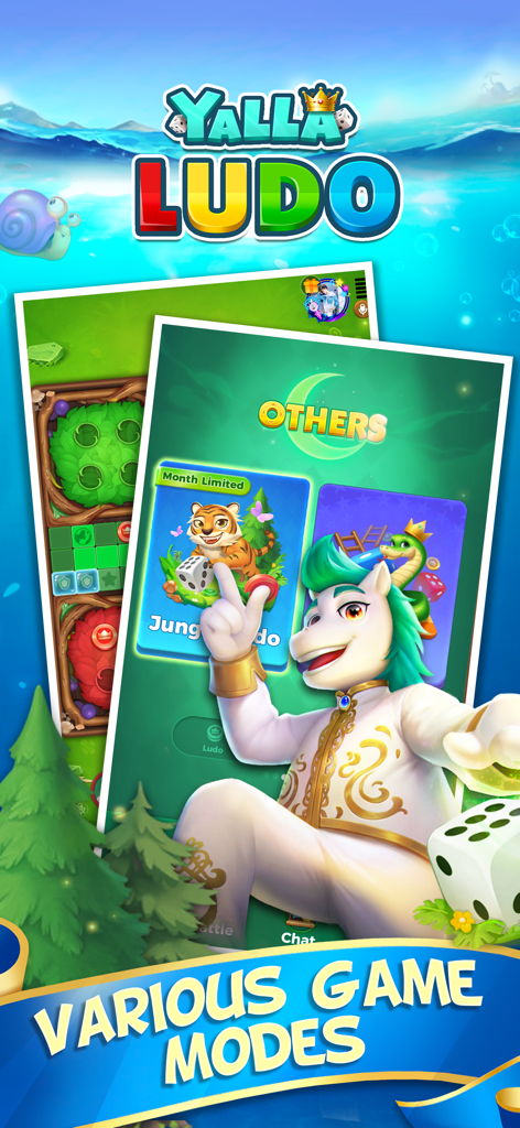 Yalla Ludo app screenshot featuring a white horse character pointing at various game modes including Jungle Ludo and Jackaroo.