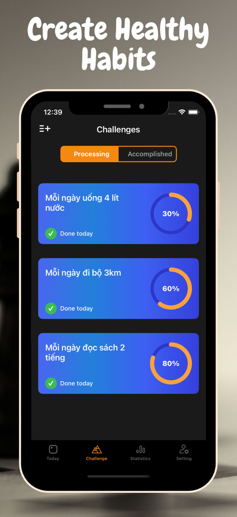 Habit Master - Track Daily - Mobile app interface showing daily habit challenges with circular progress trackers for water intake, walking, and reading.
