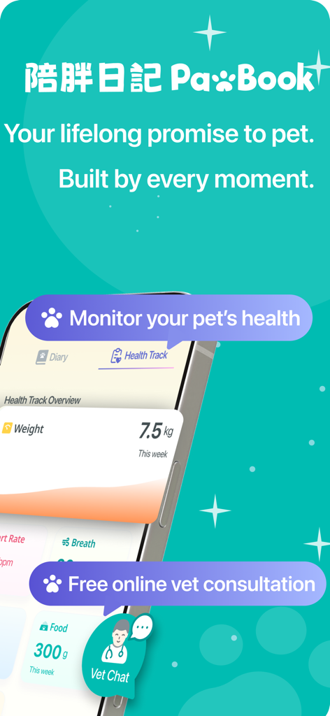 PawBook- Pet Diary - PawBook app interface showing pet health monitoring and free online vet consultation features