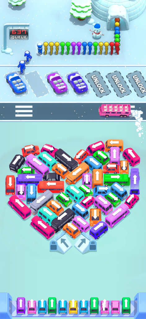 Bus Mania Jam Traffic Escape - Colorful buses and cars arranged in a heart shape for a traffic escape sorting puzzle