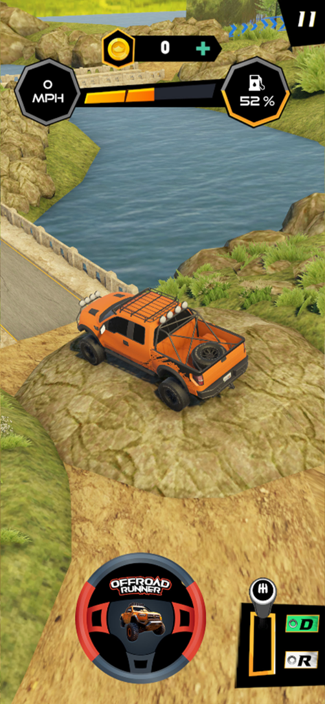 4x4 Runner Off-road Simulator - Una camioneta pickup naranja navegando por un sendero rocoso cerca de un río en el juego móvil 4x4 Runner Off-road Simulator.