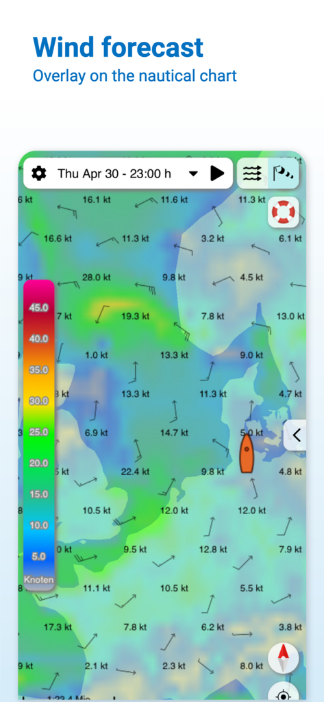 Mapa de calor de pronóstico de viento y flechas de dirección superpuestos en una carta náutica digital.