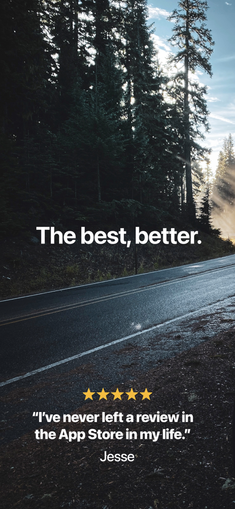 Tessie — For your Tesla - A five star user testimonial for the Tessie app displayed over a scenic forest road.