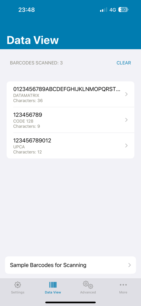 Tela de visualização de dados do aplicativo Zebra Scanner Control mostrando uma lista de códigos de barras escaneados com seus tipos de simbologia e contagens de caracteres.