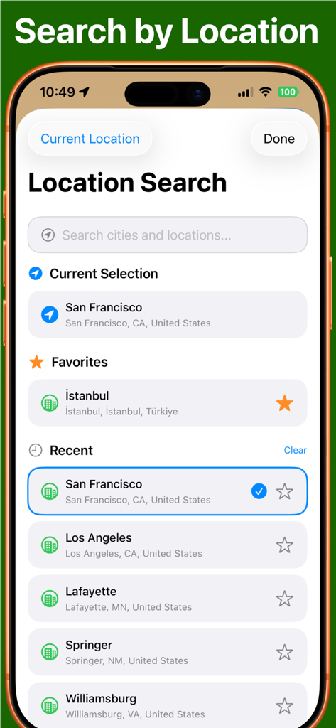 Weather 4 Fly Drone & NOTAM - Location search screen in the drone weather app displaying recent and favorite flight locations