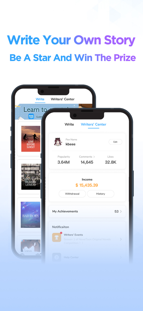 NovelToon App-Oberfläche, die das Writers Center Dashboard mit Story-Statistiken und verdientem Einkommen anzeigt
