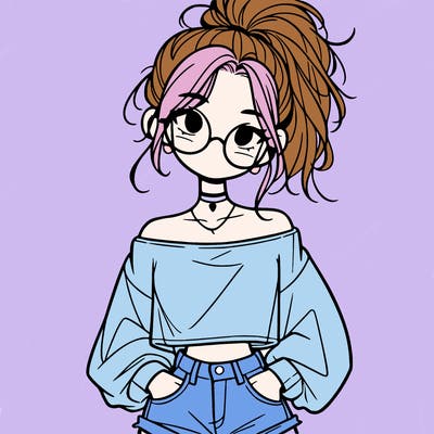 girl with a messy ponytail glasses a baggy crop top and jean shorts