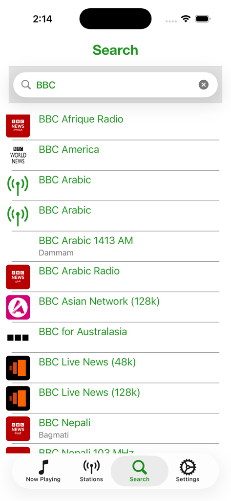 FrogRadio search screen showing various BBC international radio stations