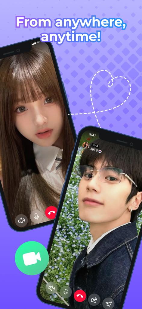 LoveTour - Chat & Video Call - Interface de l'application LoveTour montrant des appels vidéo avec des amis du monde entier, n'importe où et n'importe quand