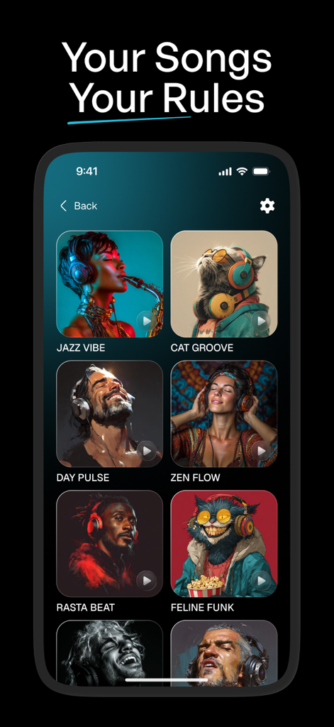 Producer AI Song & Music Maker - Producer AI Song and Music Maker app interface showing a collection of generated songs with artistic covers