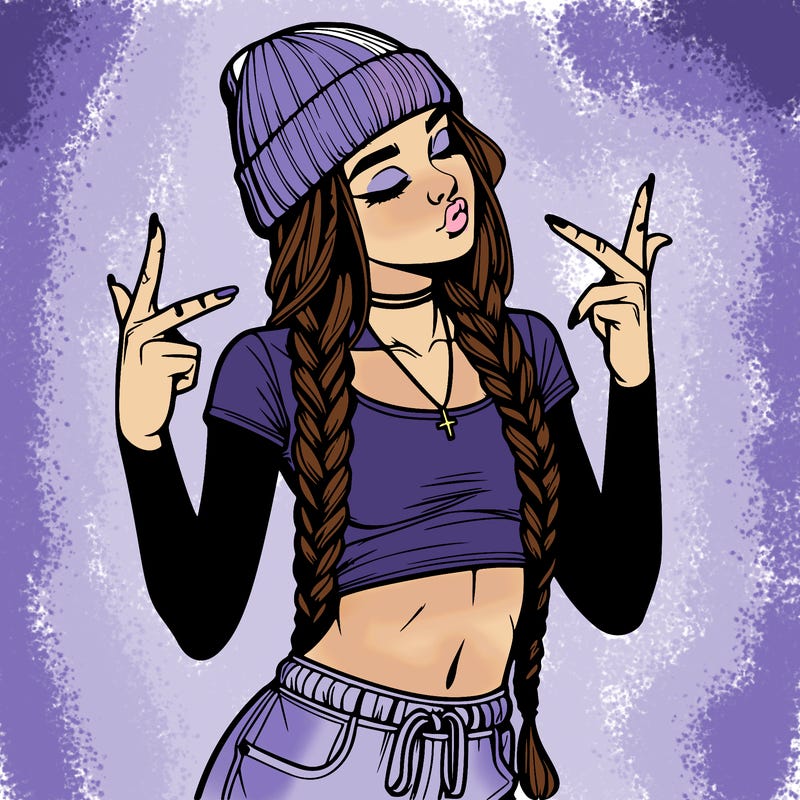 realistic teenage girl with braids and a beanie and crop top doing 🫶🏼