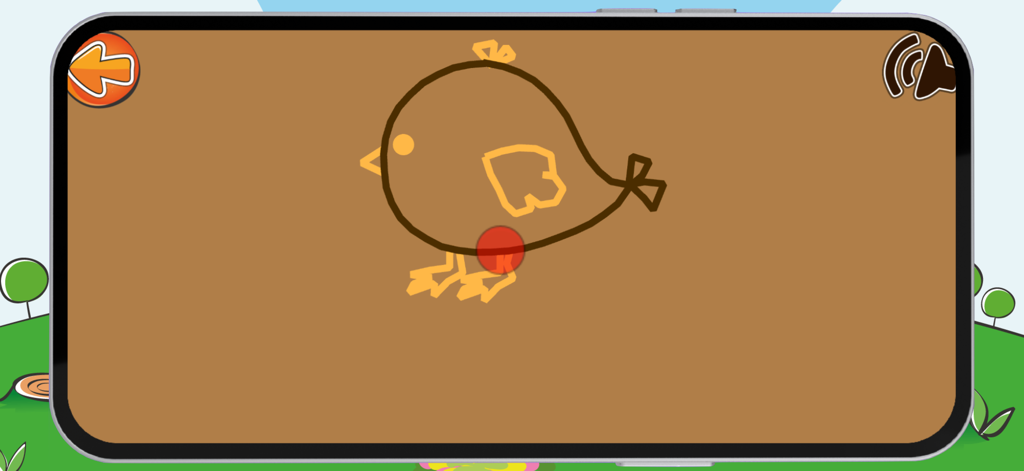 Trace draw letters and numbers - A mobile app interface showing a cartoon bird drawing activity for children to practice tracing lines.