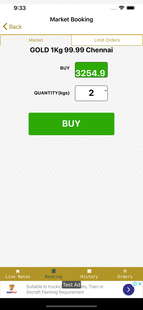 A screenshot of the KJPL app showing the market booking screen for buying 1kg of gold with a live price and quantity selection
