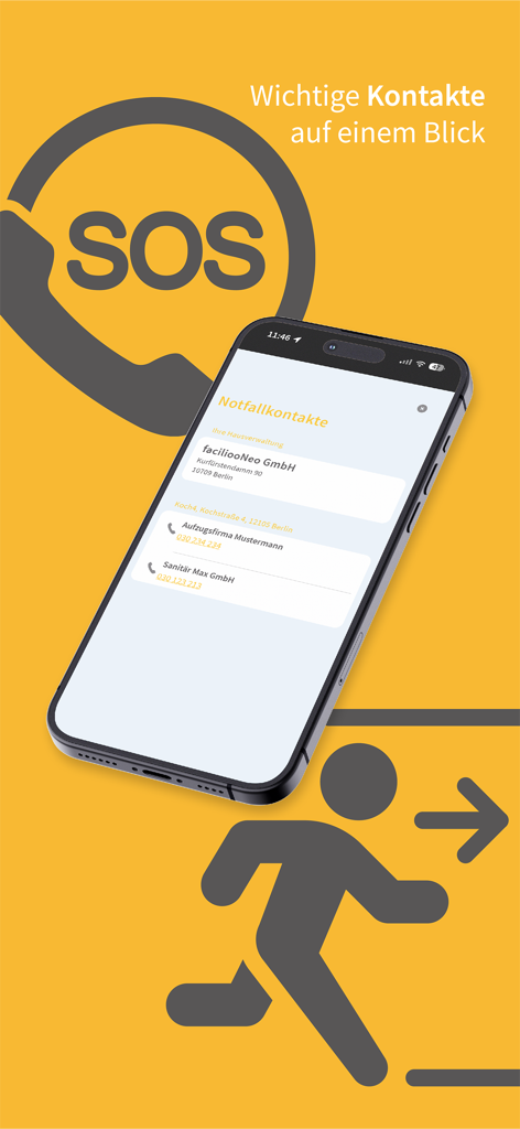 A smartphone screen displaying emergency contact information for property management and maintenance services within the Zuhause app.