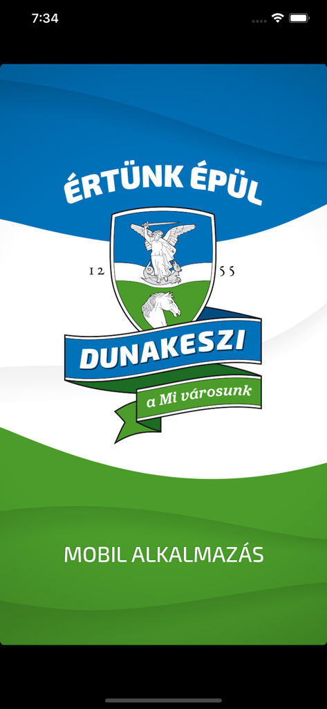 Dunakeszi IntermApp welcome screen with the city coat of arms and slogans in Hungarian