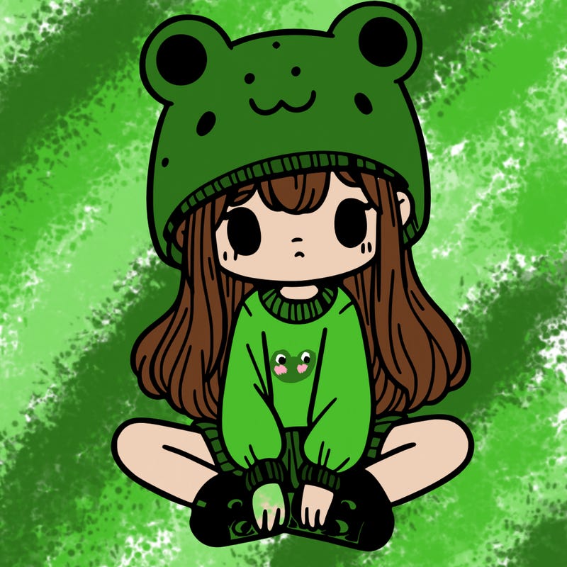 a girl wearing a frog hat and some frog socks