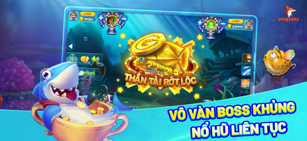 ZingPlay game giải trí-Cá béo - Pantalla del juego de disparar peces ZingPlay con un jefe pez dorado y un personaje de tiburón con monedas de oro.