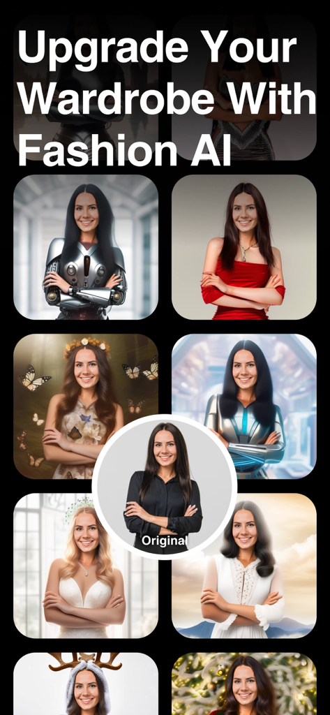 SoReal AI | Face Swap Changer - A woman's original photo transformed into various styles including cyberpunk, elegant dresses, and wedding attire using SoReal AI fashion feature.