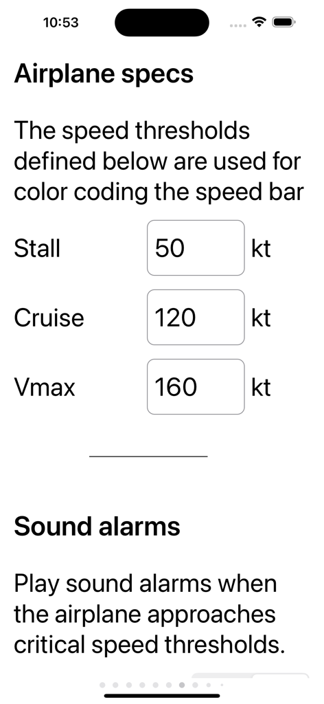 A-EFIS Black and White - Pantalla de configuración para ajustar los umbrales de velocidad de la aeronave y las alarmas sonoras.