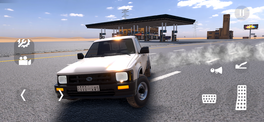 Highway Drifter: Hajwala Drift - A white pickup truck performing a hajwala drift on a desert highway near a gas station