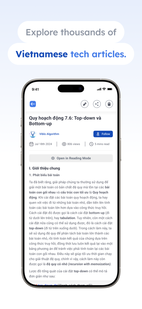 Viblo - Viblo App: Oberfläche, die einen vietnamesischen technischen Artikel über Programmieralgorithmen anzeigt.